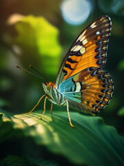 Fototapeta premium of a colorful butterfly walking on a leaf surrounded by greenery
