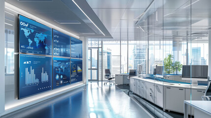 Obraz premium Modern office with digital communication network and business statistics displayed on screens