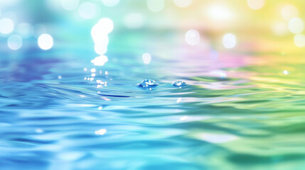 Abstract pastel blue and green background with water ripples, rainbow colors, and sparkling glitter for an enchanting summer concept