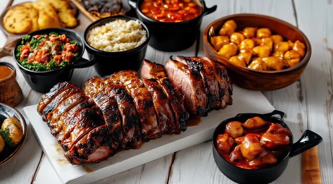 Traditional Brazilian food Picanha with a variety of sides including potatoes, rice, vegetables, beans, farofa, and sausages.