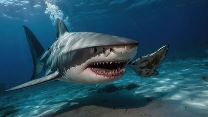 Naklejka premium Majestic Great White Shark Swimming Gracefully Under Clear Blue Ocean Water