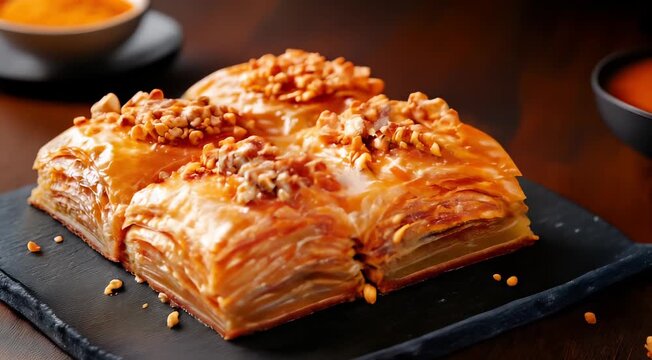 Traditional Turkish food Baklava. A layered pastry dessert made with thin phyllo dough, soaked in honey, and topped with crushed nuts, presented on a black slate plate.