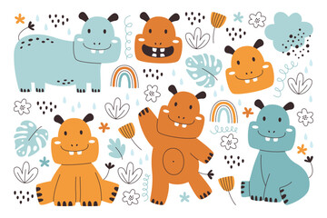Obraz premium Hand drawn set of cute positive smiling baby hippopotamus characters in different pose and action
