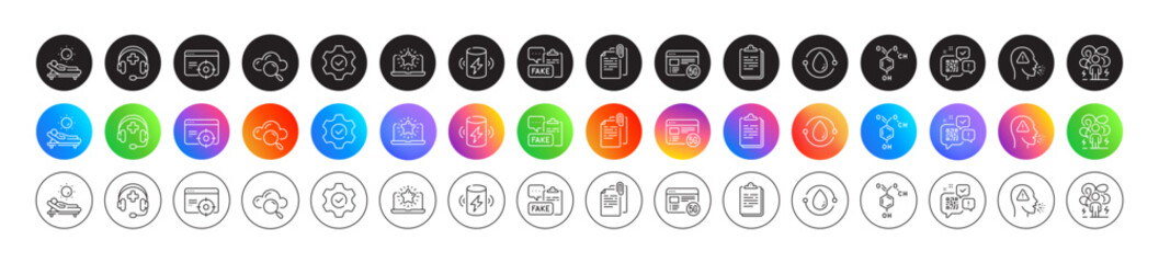 Best laptop, Chemical formula and Fake document line icons. Round icon gradient buttons. Pack of Charge battery, Document attachment, Cold-pressed oil icon. Vector