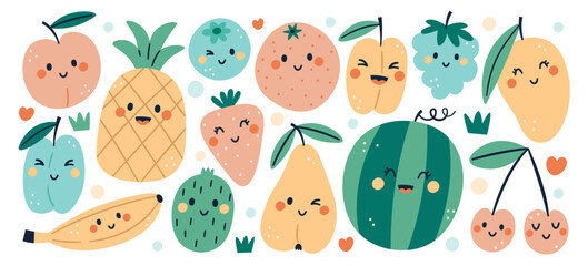 Hand drawn cute fruits kawaii characters with positive emotion and smiling facial expression set