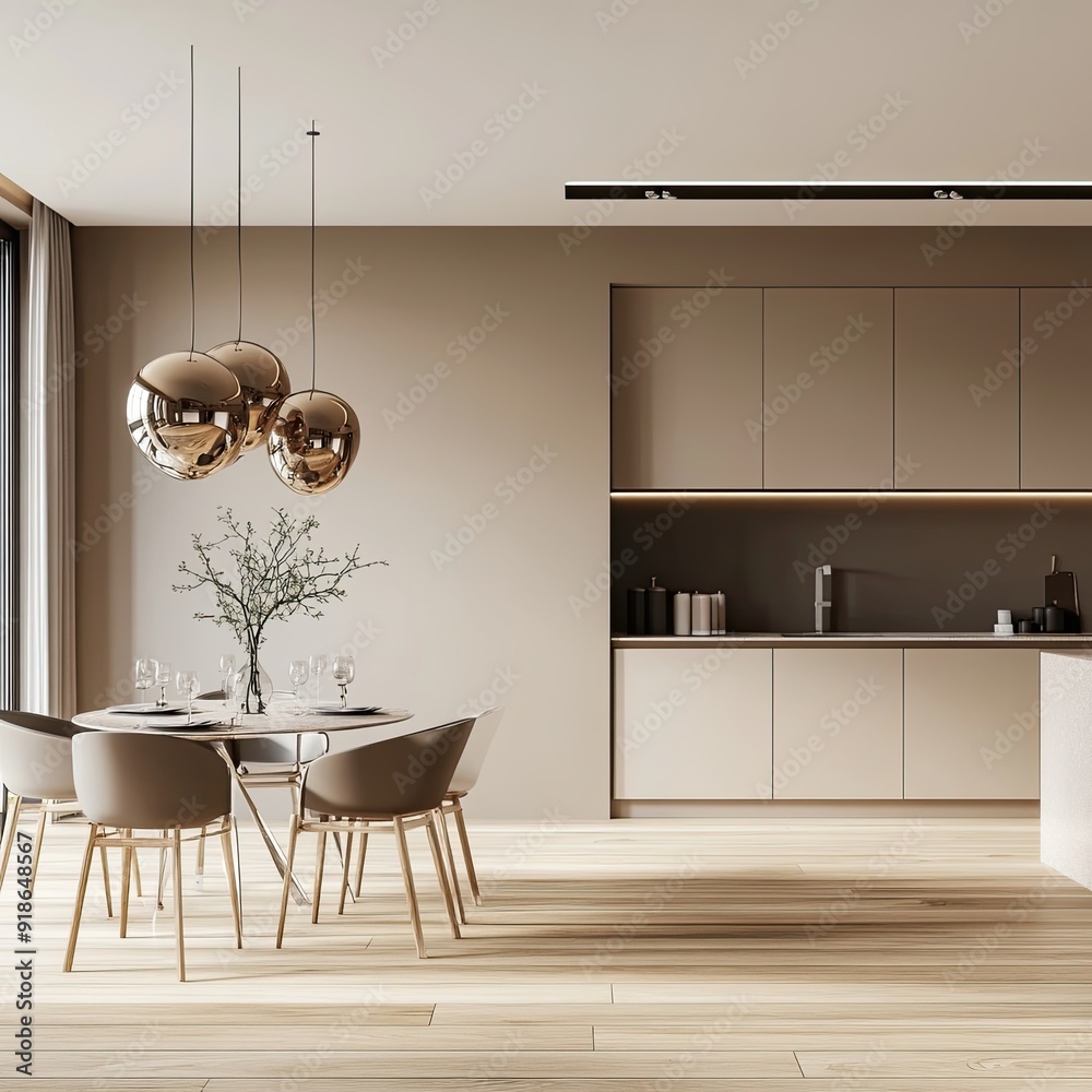 Poster A modern kitchen with a wooden floor and white cabinets