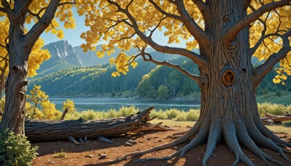 Fototapeta premium Majestic Tree with Fallen Branch in Autumn Landscape.