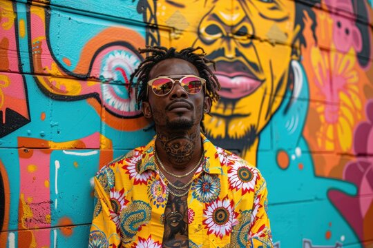 Graffiti Artist Poses Before Vibrant Mural - Powered by Adobe