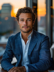 Obraz premium Confident Businessman in Blue Suit Smiling at Sunset in Modern Office