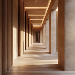 A long hallway with wooden walls and pillars
