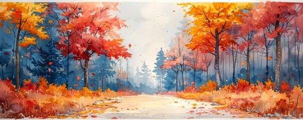 Watercolor abstract autumn leaves on a woodland path.