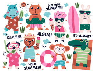 Cute animals characters resting on beach enjoying water sport greeting summer time leisure activity