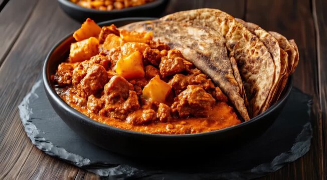 Traditional Indian food Navratan Korma. A rich, creamy curry with vegetables and paneer cubes, served with flatbreads like naan.