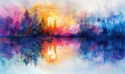 Watercolor abstract twilight reflections on white.