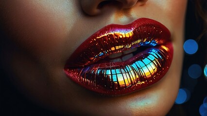 Close Up Of A Woman's Lips With Red Lipstick In Neon Lighting