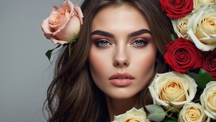 Naklejka premium A Woman Surrounded by Colorful Roses With Natural Makeup and Lush Hair in Springtime