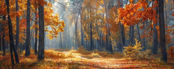 Forest glade with vibrant autumn foliage