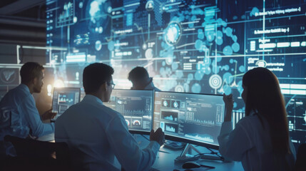 Multinational team using advanced digital tools for strategic management and HR solutions in a wide-angle shot