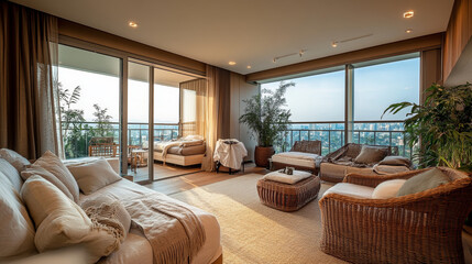 The interior of the apartment features a balcony and cribs, highlighting a cozy and functional living space