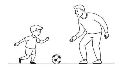 Line Art Vector Illustration of Dad and Young Son Playing Soccer Ball A Heartwarming Family Moment