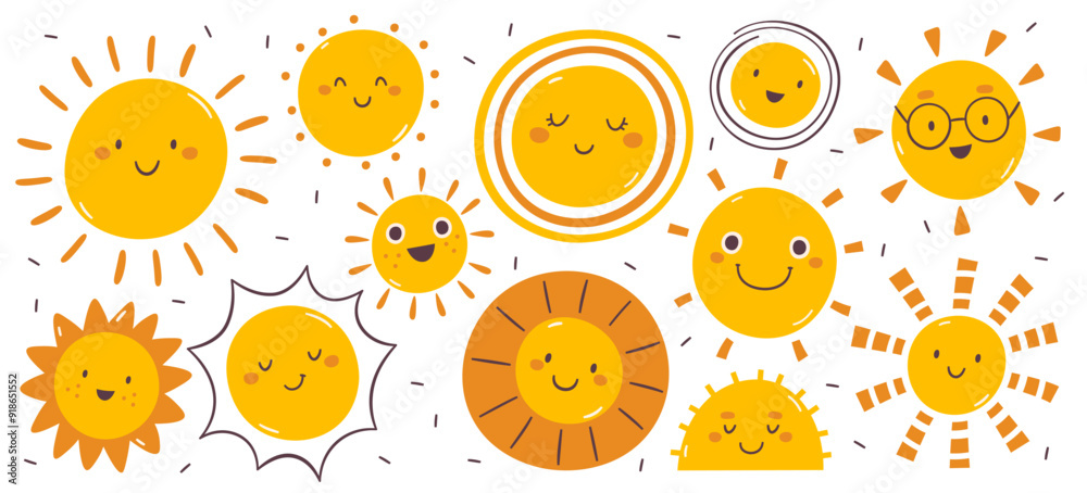 Canvas Prints funny cute sun smiling comic faces doodle hand drawn childish positive emoticon sticker isolated set