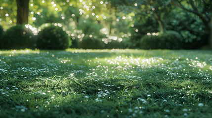 Fototapeta premium a close-up of a lush, green lawn with small white flowers scattered across it. Sunlight filters through trees, casting dappled shadows and creating a serene, inviting atmosphere