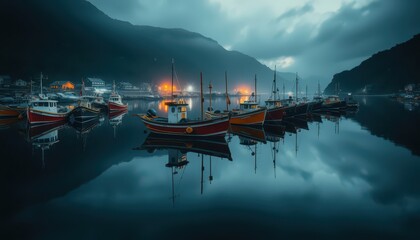 Fototapeta premium Boats at Dusk in a Misty Fjord.