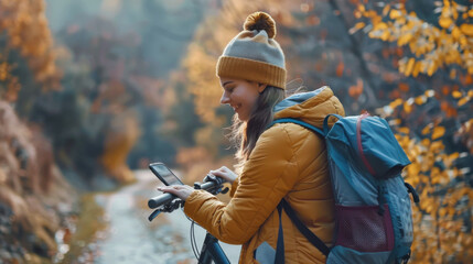 Naklejka premium Person on a bicycle, woman influencer in nature, fitness and cardio training, sharing on social media