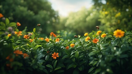 Bees Pollinating Colorful Flowers in Lush Garden