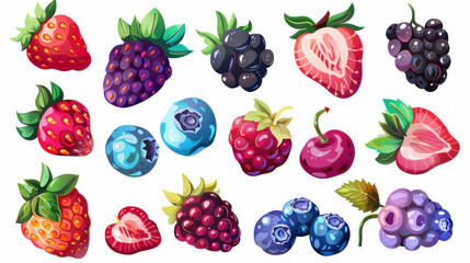 Richly colored collection of fresh strawberries, blackberries, raspberries, and blueberries, isolated from any background