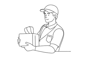 Minimalist Line Drawing of Delivery Person Holding Parcel Vector Art Illustration