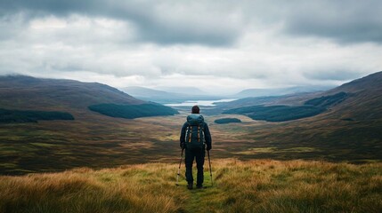 Fototapeta premium Hiker in the Mountains on Cloudy Day