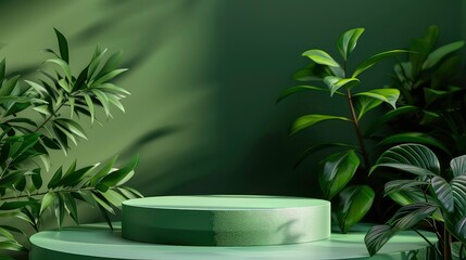 A green circular platform sits in the middle of a lush green background with leaves surrounding it.