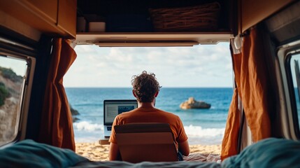 Man Working on Laptop Inside Van with Ocean View