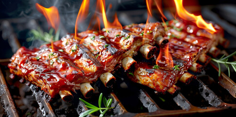 Grilling pork ribs over open flames at a summer barbecue gathering. Generative AI.