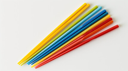 Set of colorful reusable plastic chopsticks cut out on a white background.