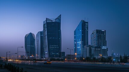 Modern Cityscape at Night with Skyscrapers and Traffic