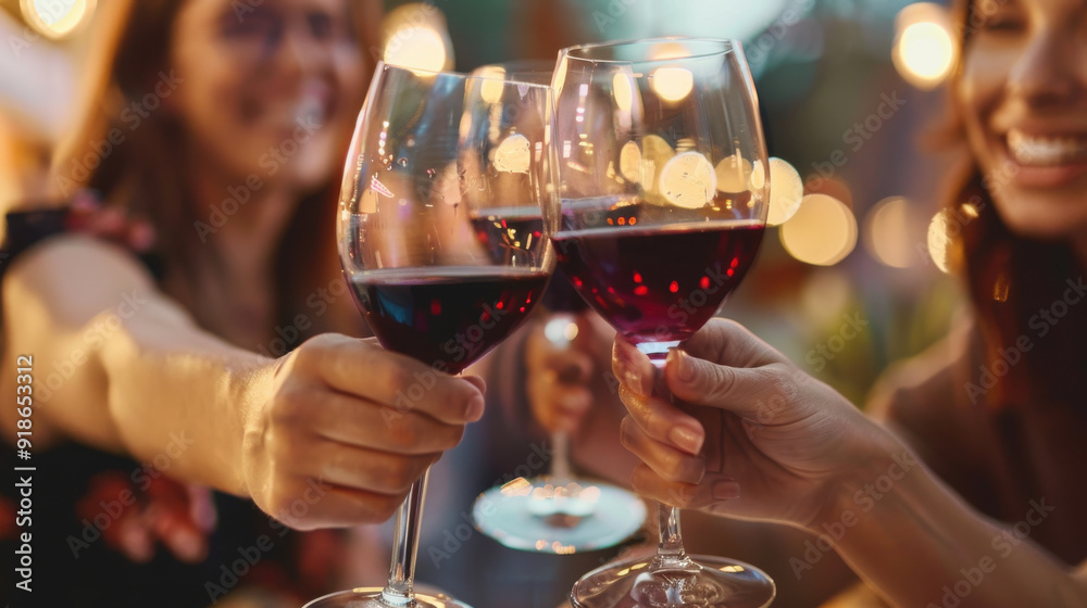 Poster smiling friends toasting with wine glasses on a sunset-lit terrace.