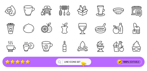 Grill tools, Food market and Gas grill line icons for web app. Pack of Orange, Healthy food, Coffee pictogram icons. Teacup, Recycle water, Takeaway coffee signs. Brandy bottle, Dish. Vector