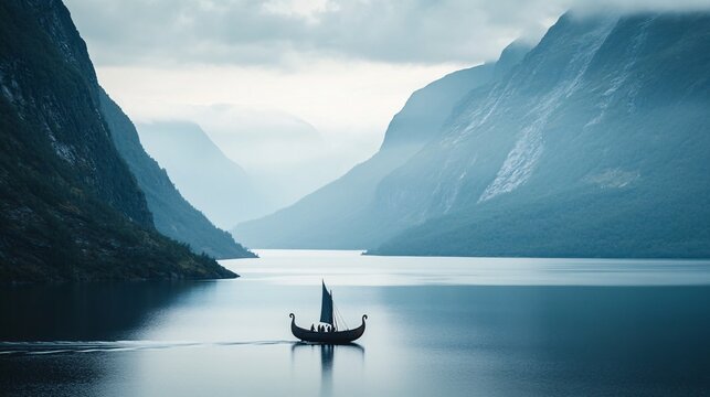 Viking Ship Sailing on Serene Fjord