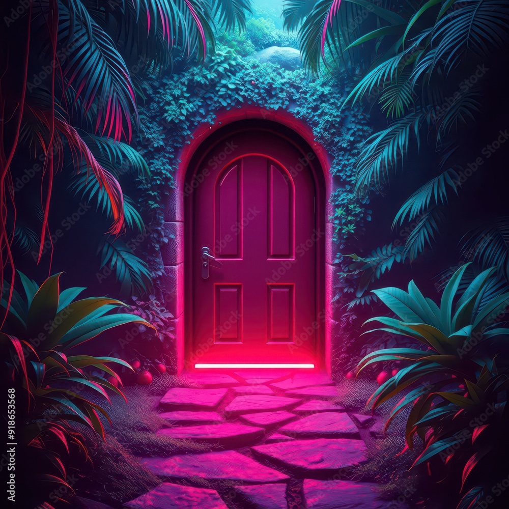 Sticker glowing doorway in tropical forest.