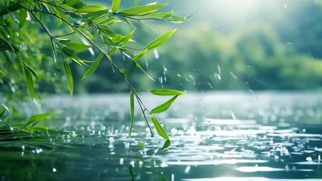 willow branch over river wet after raining with water droplets swing in gentle breeze and sunlight flare, calm peaceful tranquil serene atmosphere