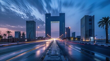 Fototapeta premium Cityscape with a Unique H-Shaped Building at Twilight