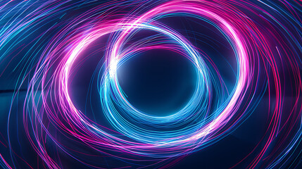 a circular shape made of vibrant, neon lines in shades of blue and pink. These lines intertwine to form a complex pattern that resembles a torus or loop