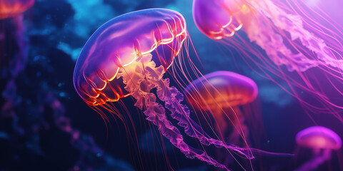 Fototapeta premium Neon Jellyfish Drifting with Luminous Tentacles