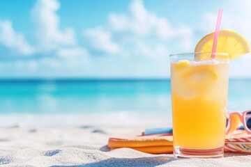 Obraz premium Refreshing Lemonade on a Sunny Beach with a Perfect Ocean View