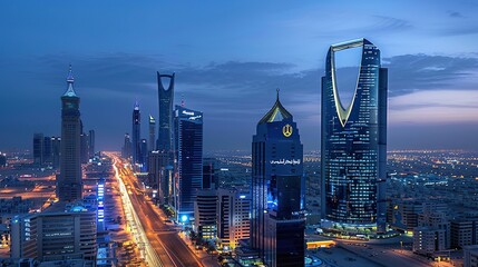 Fototapeta premium Riyadh Cityscape at Dusk with Illuminated Skyscrapers