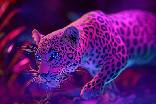 Neon Leopard Chasing Prey in a Bright and Lively Landscape