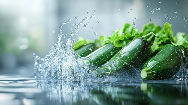 Vibrant zucchini exploding with water on a bright clean background