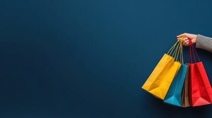 Hands, shopping bags and purchase on studio mockup for fashion, discount or sale 